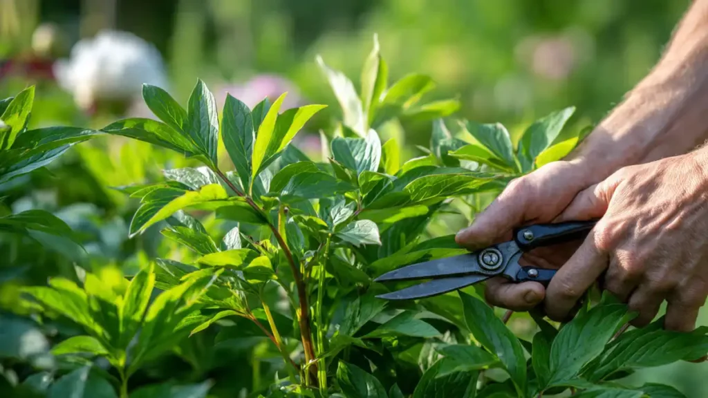 Gardener leaving peony leaves intact after blooming – cutting foliage early prevents energy storage and reduces next year's blooms.