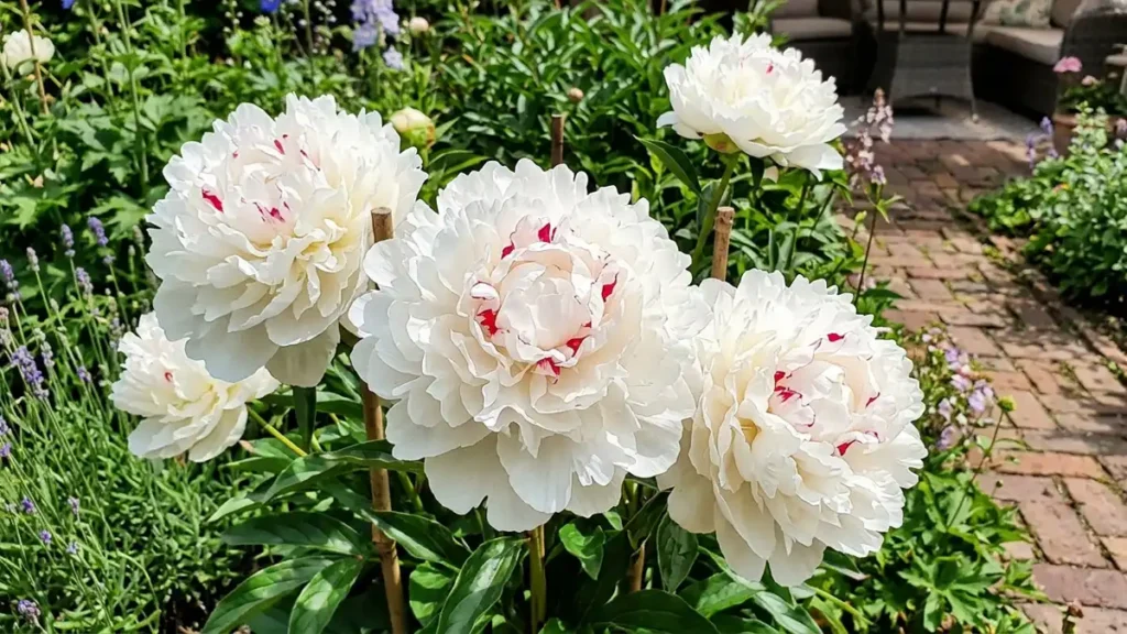 Large, double white 'Festiva Maxima' peonies with distinct crimson-red flecks blooming in a lush home garden next to a brick walkway.