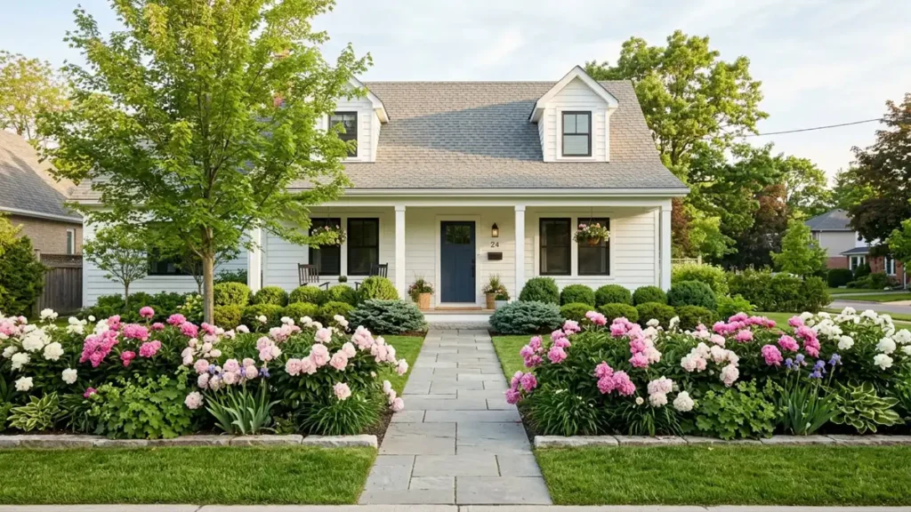 A stone walkway leading to a charming white house, bordered by lush garden beds of blooming pink and white peonies and low evergreen shrubs under soft morning light.