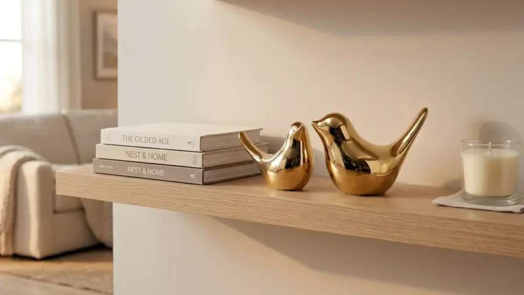 Gold bird figurines styled on floating shelves with books candles and neutral living room decor