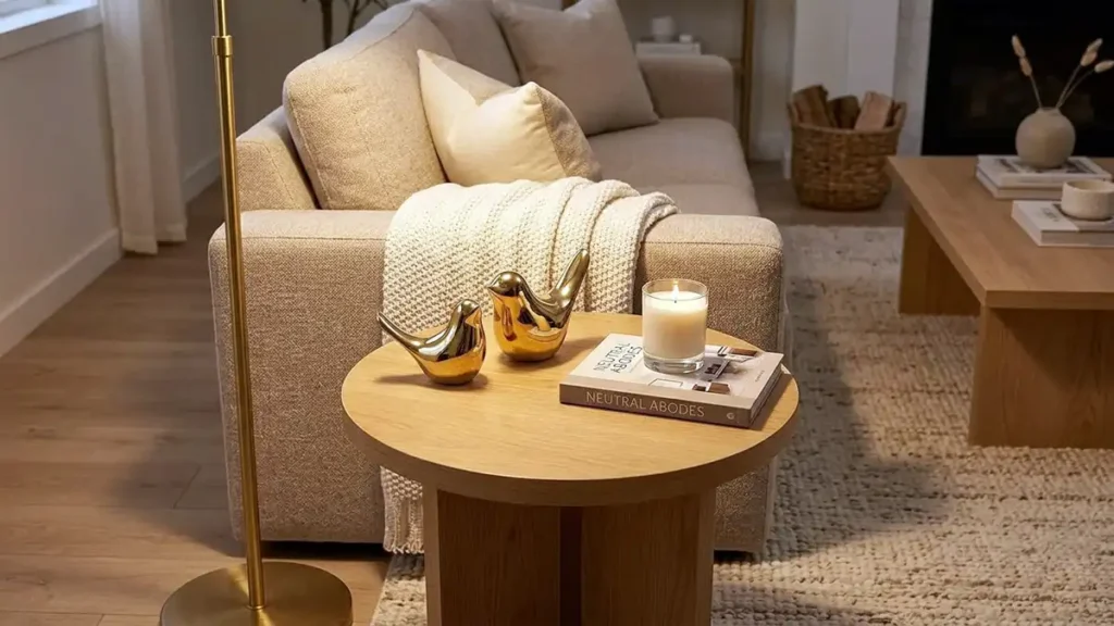 Gold ceramic bird decor on wooden side table beside beige sofa in neutral living room