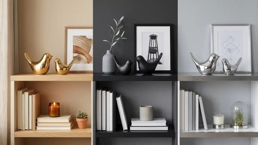 Gold black and silver ceramic bird decor styled in different modern shelf interiors