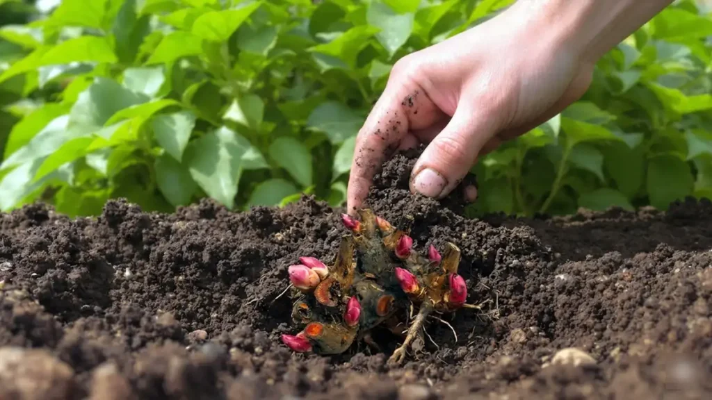 Gardener carefully lifting a dormant peony root clump with visible pink buds in fall—correct autumn transplanting technique to avoid killing the plant.