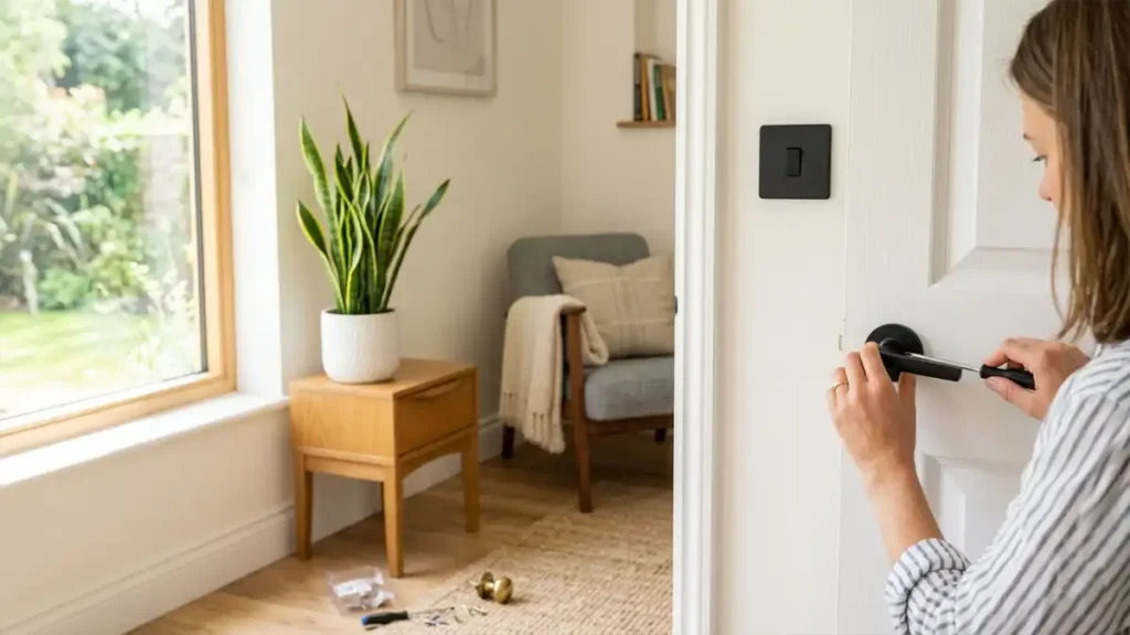 Person installing a modern matte black door lever on a white door in a bright living room with a snake plant and minimalist decor.