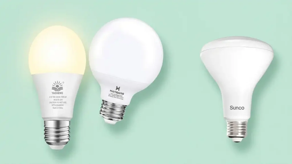 A professional banner featuring three types of LED bulbs: a Yaoheng A19, a Hansang G25 globe, and a Sunco BR30 reflector bulb against a soft mint green background.