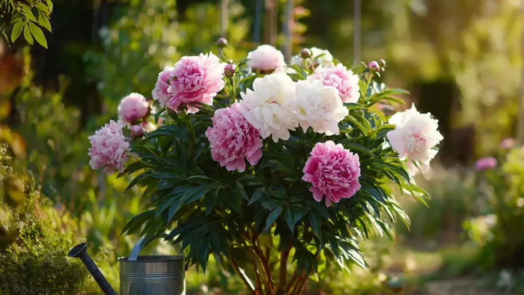 Peony bush with blooming flowers receiving warm evening sunlight in a home garden