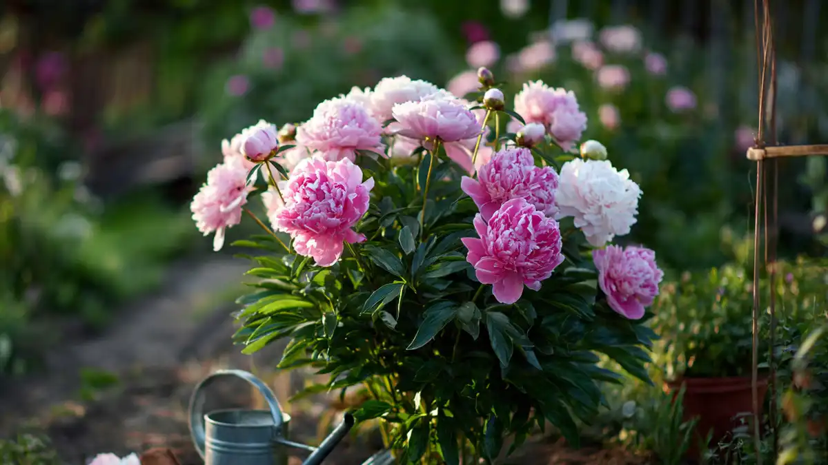 Peony bush with large pink and white blooms in a sunny garden, illustrating proper peony bush care.