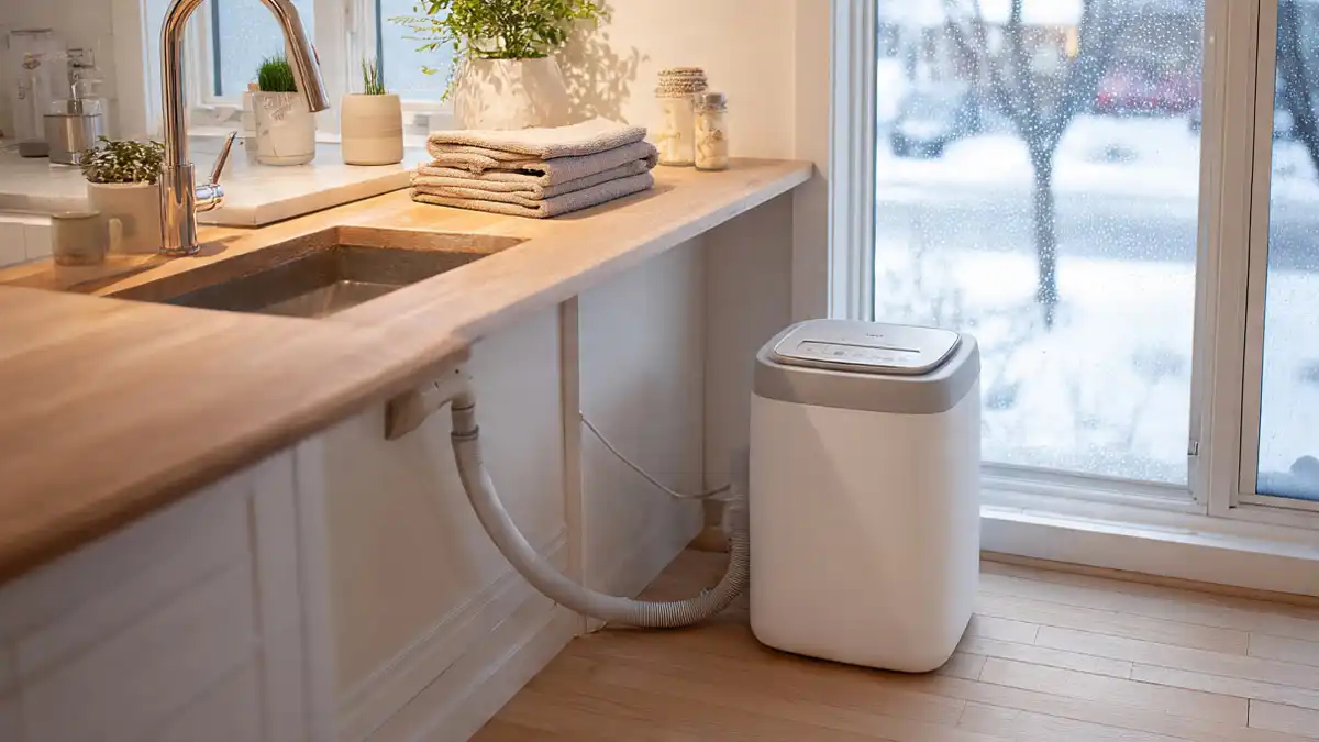 Cozy Canadian apartment kitchen with a compact portable washing machine connected to the faucet, snowy window view, folded towels on the counter.