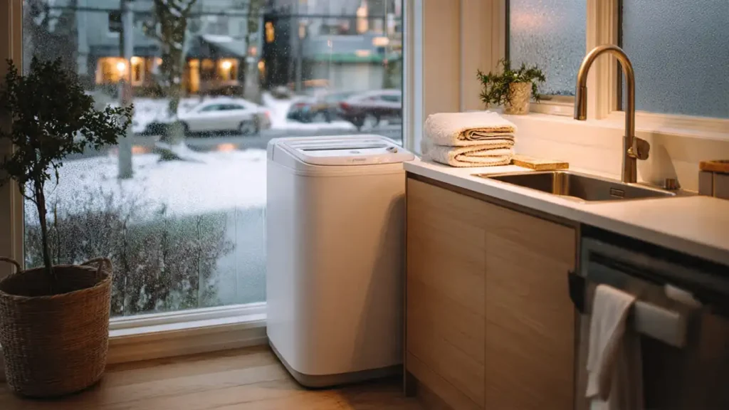 A white, top-loading portable washing machine stands in a cozy apartment kitchen with wooden cabinets. A stack of towels is on the counter next to a large stainless steel sink and a silver gooseneck faucet. Outside the large window, snow covers the ground, showing a cold winter day.
