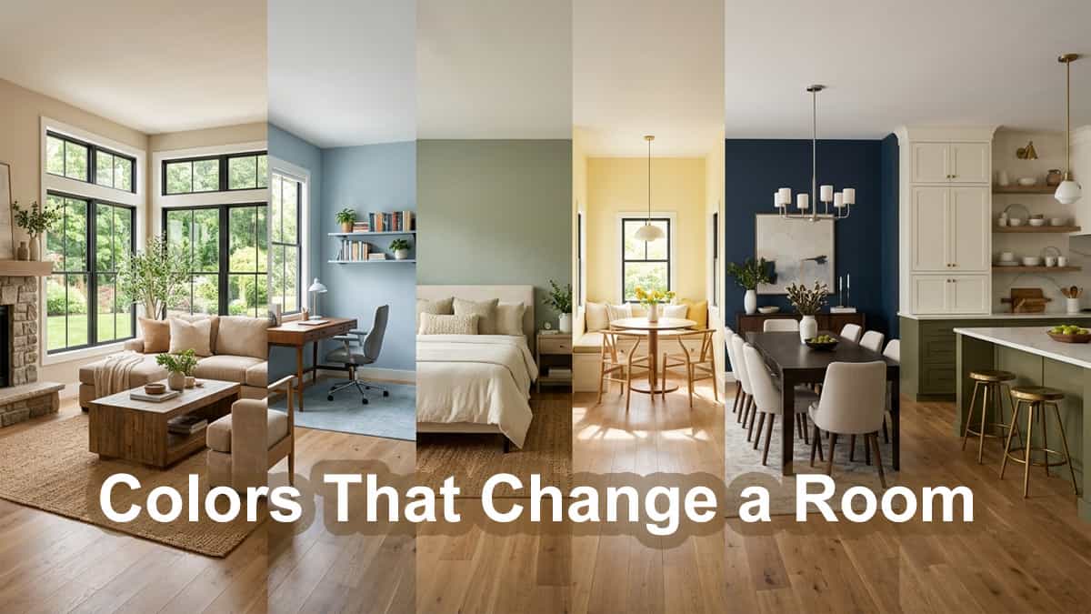 Modern American home interior showing different room color psychology themes including sage green bedroom, warm beige living room, navy dining area, and olive kitchen.