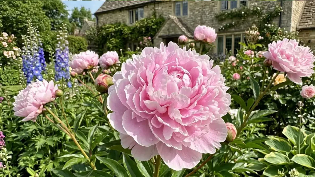 A close-up of a soft pink double 'Sarah Bernhardt' peony in full bloom within a lush home garden, featuring a stone cottage and blue delphiniums in the background.