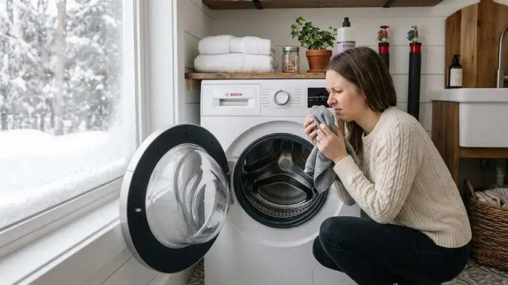 Front-loading washer in winter showing moldy gasket, standing water in drum, and a person smelling a musty towel.