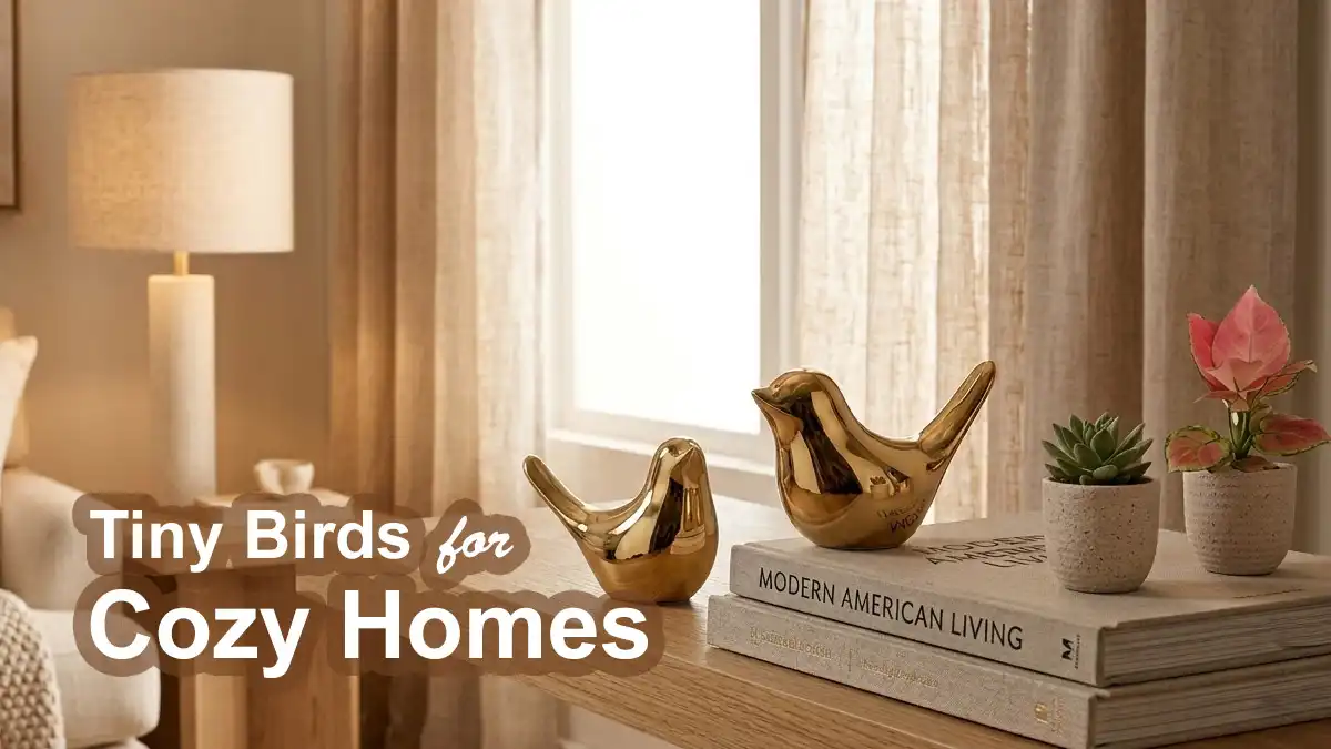 Small gold bird statues styled on a modern floating shelf with candles, books, and warm neutral living room decor