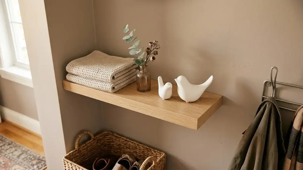 White ceramic bird decor styling small bathroom or entryway floating shelf