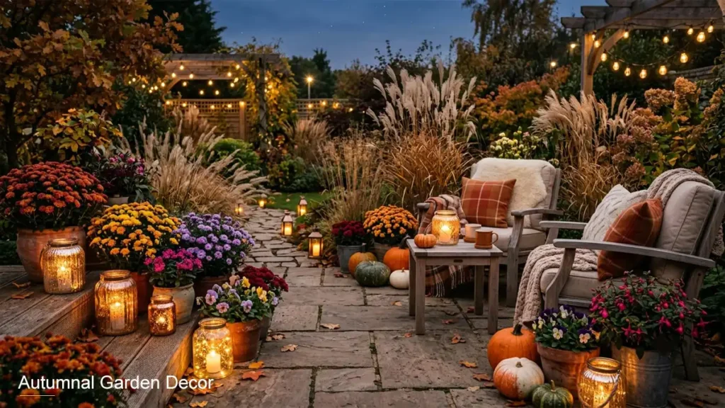 Autumnal garden decor featuring pumpkins, dried grasses, potted blooms, and glowing lanterns in warm light.