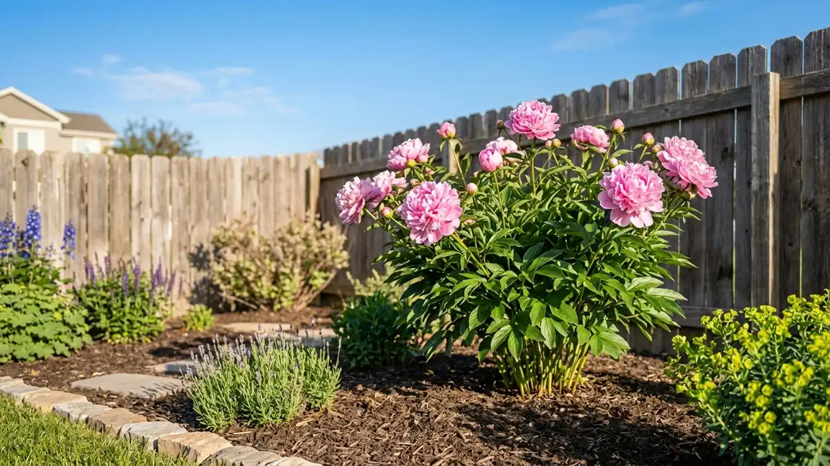 Well‑placed peony bush in a sunny garden with good spacing from fence and other plants – ideal location for maximum blooms.