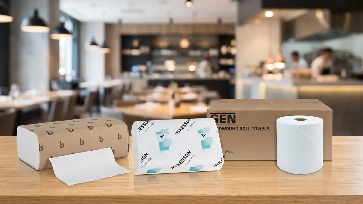 Three commercial paper towel brands—Boardwalk multifold sheets, a wrapped McKesson multifold pack, and a GEN hardwound roll next to its shipping box—arranged side-by-side on a wooden countertop with a blurred restaurant kitchen background.