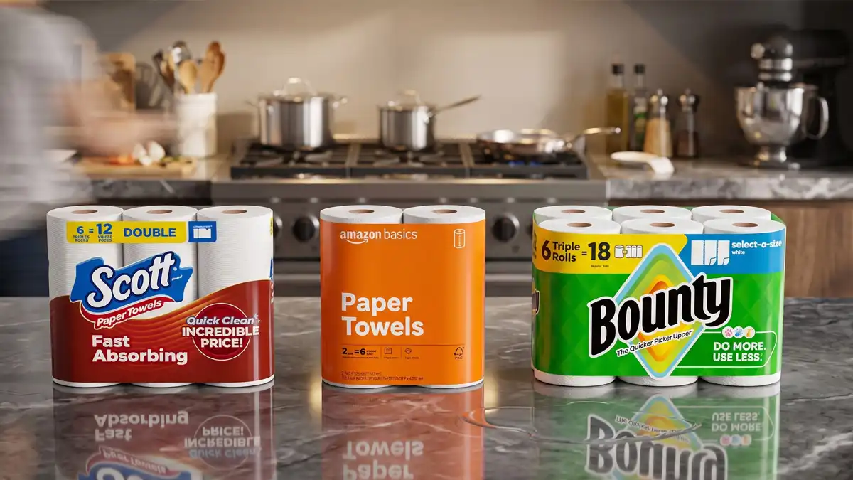 Three paper towel packs—Scott Choose-A-Sheet, Amazon Basics Flex-Sheets, and Bounty Select-A-Size—lined up side-by-side on a glossy dark kitchen countertop with a blurred kitchen stove background.