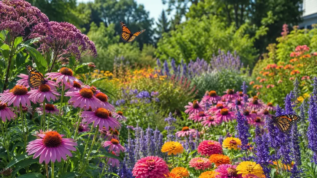 Butterflies feeding on lavender, coneflowers and colorful garden flowers.
