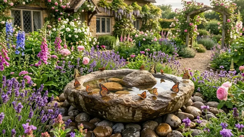 Butterflies drinking from a shallow birdbath surrounded by colorful flowers.