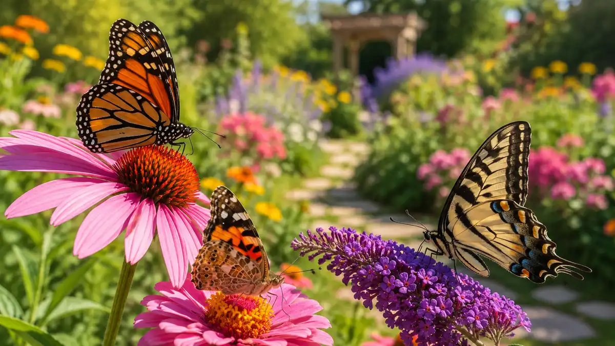 Beautiful butterfly garden filled with colorful flowers attracting monarch and swallowtail butterflies.