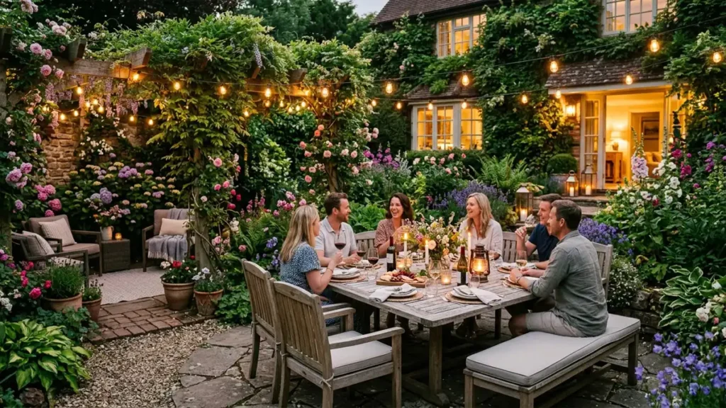 A cozy outdoor social zone featuring a wooden dining table under glowing string lights, surrounded by climbing vines and vibrant flowering plants in the evening.