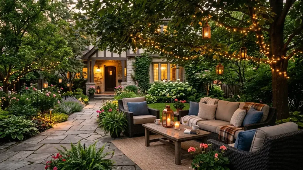 Cozy garden seating area with lanterns and fairy lights at night.