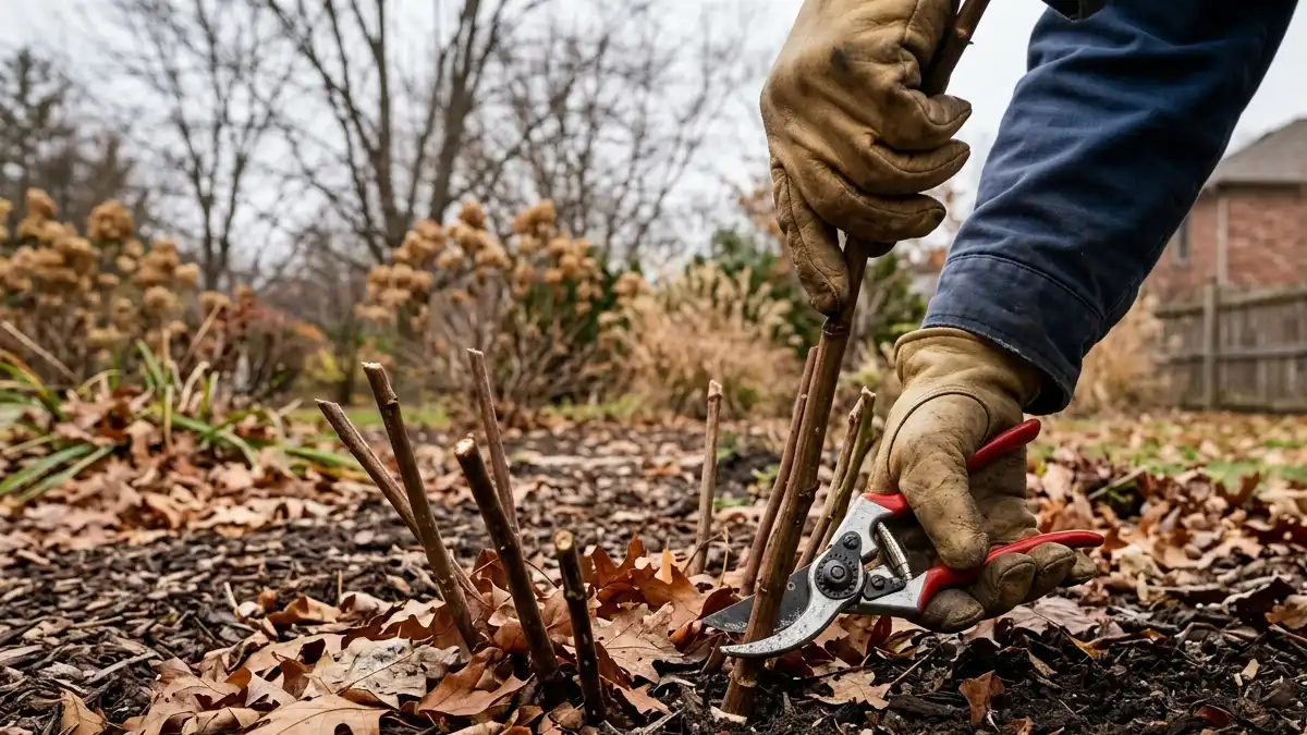 Gardener cutting peony stems to ground level in fall after frost – proper timing for healthy next‑year blooms.