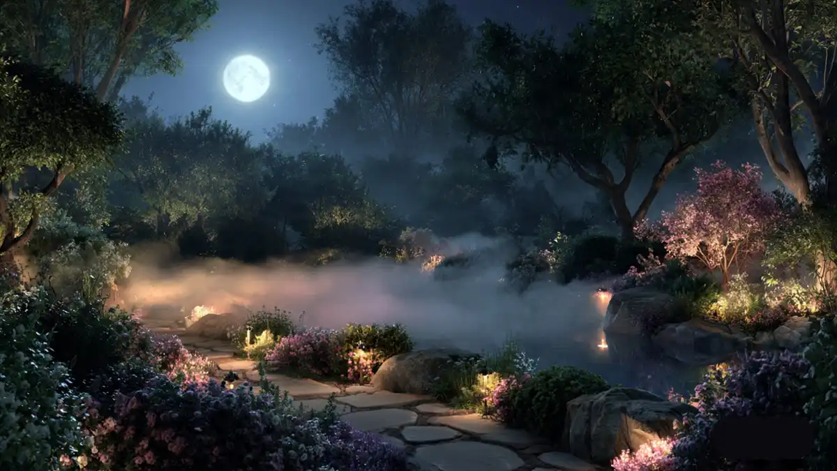 Moonlit garden with glowing flowers, soft fog and illuminated pathways.