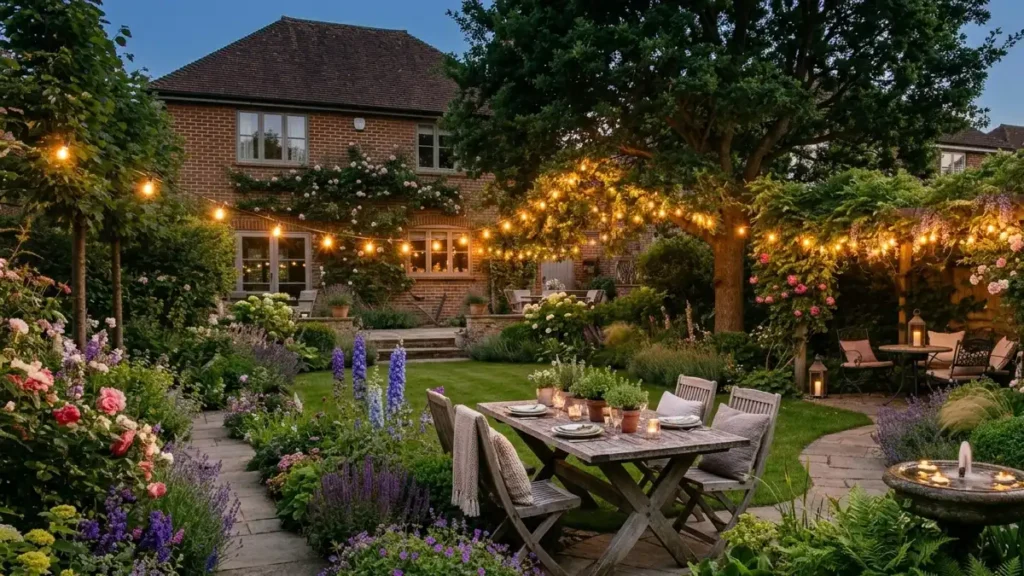 An elegant, multi-zoned garden featuring a winding stone path that connects an open lawn, a shaded seating area, and lush flower pathways in soft afternoon light.
