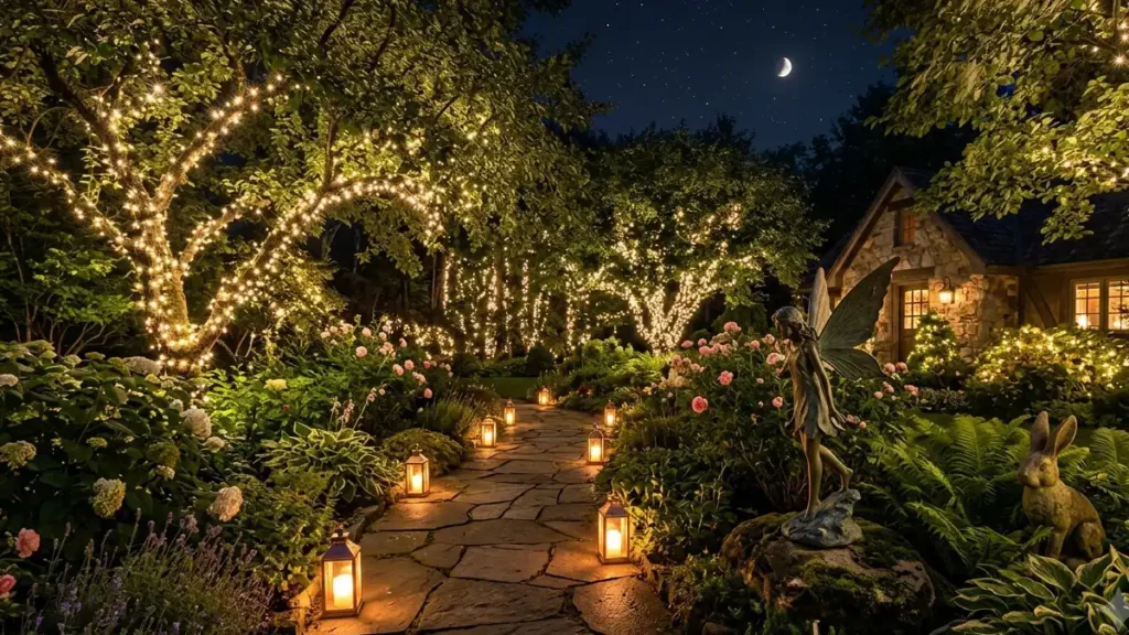 A magical night garden lit by fairy lights in the trees and glowing lanterns along a path.