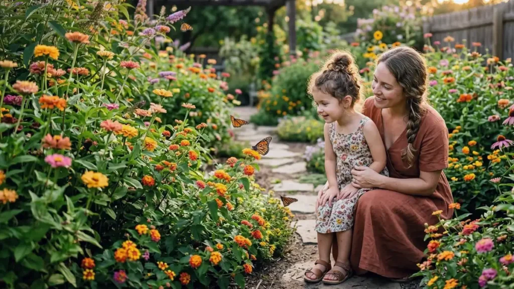 Parent and child watching butterflies in a colorful butterfly garden.