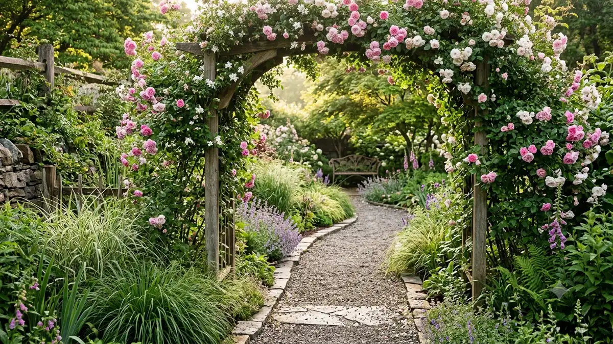 An enchanting, winding garden pathway framed by a climbing rose archway in the soft morning light, illustrating the concept of thoughtful garden zoning and discovery.