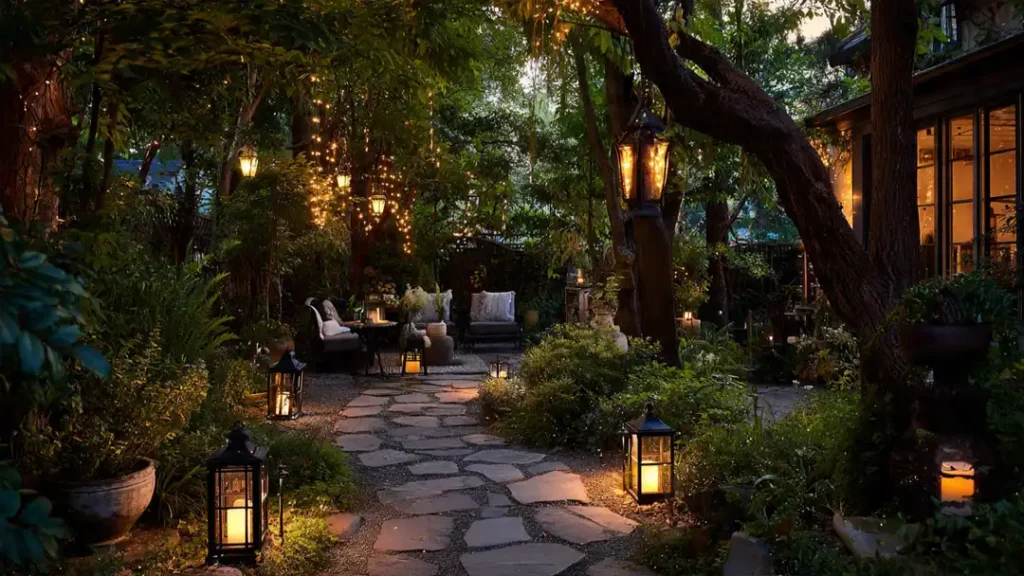 Beautiful garden at dusk with pathway lights, lanterns and fairy lights creating a magical atmosphere.
