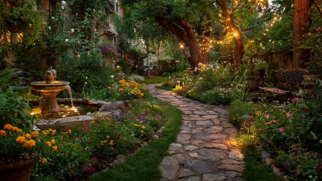Beautiful personal garden with colorful flowers, ornamental grasses, weathered sculpture and cozy outdoor seating area.