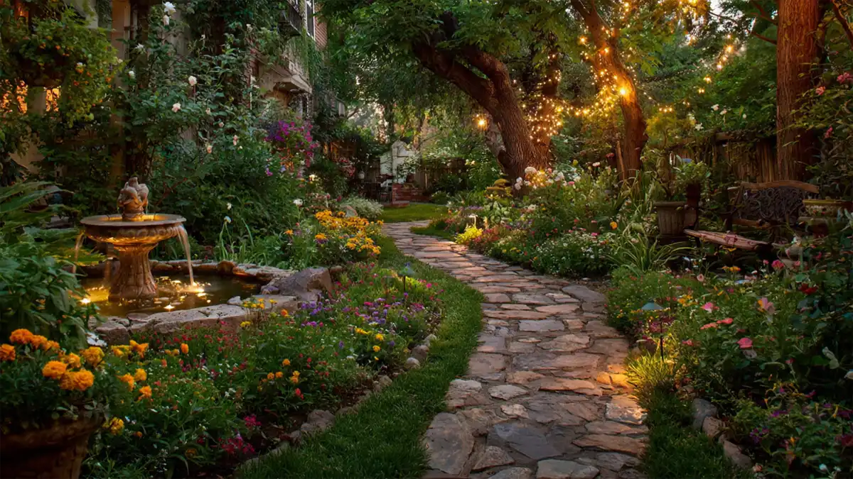 Garden plants guide showing a beautiful garden with flowers, stone pathway, fountain and evening lights creating a living art space.