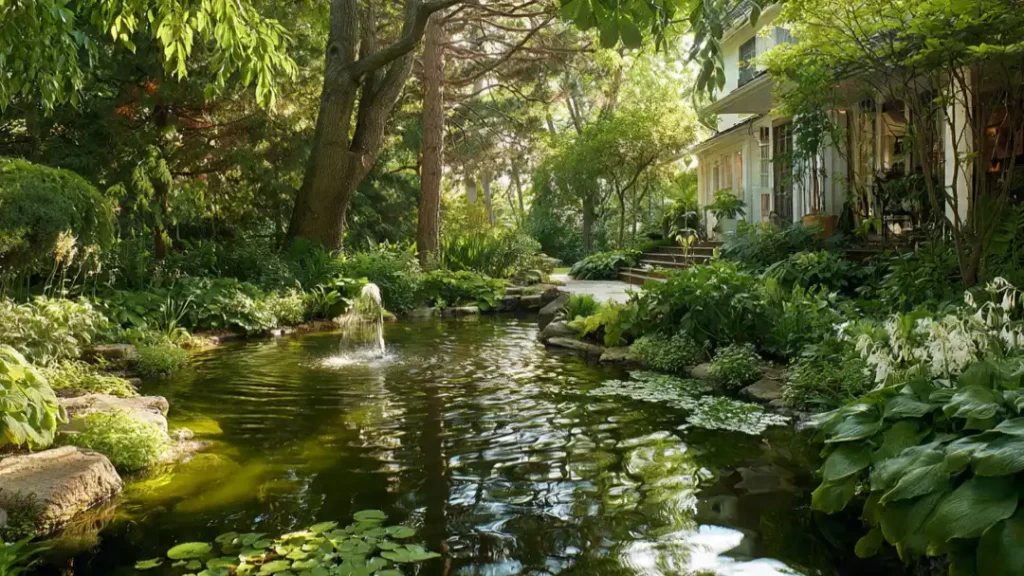 Garden pond with small fountain surrounded by lush plants and trees reflecting on the water.