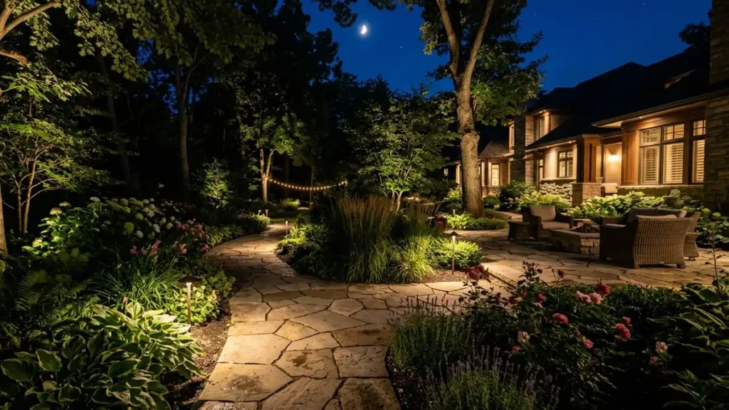Softly illuminated garden pathway surrounded by mature trees at night.