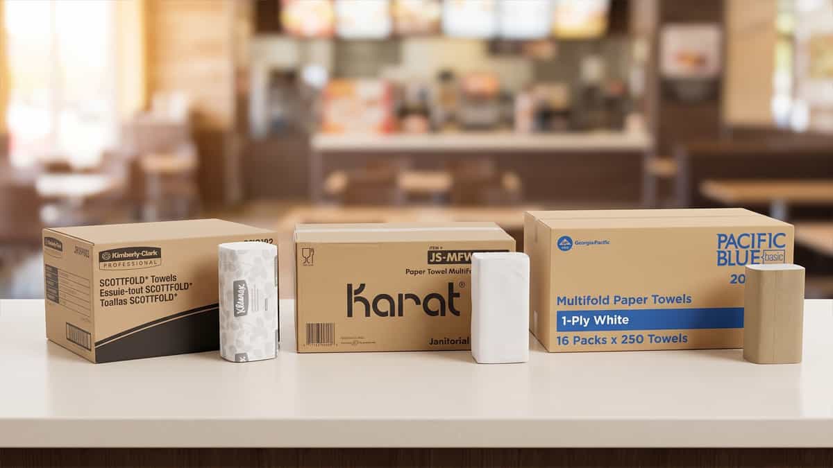 Three commercial paper towel brands—Kimberly-Clark Kleenex Scottfold, Karat multifold towels, and Pacific Blue Basic by Georgia-Pacific—arranged side-by-side on a wooden countertop with a blurred professional office restroom background.