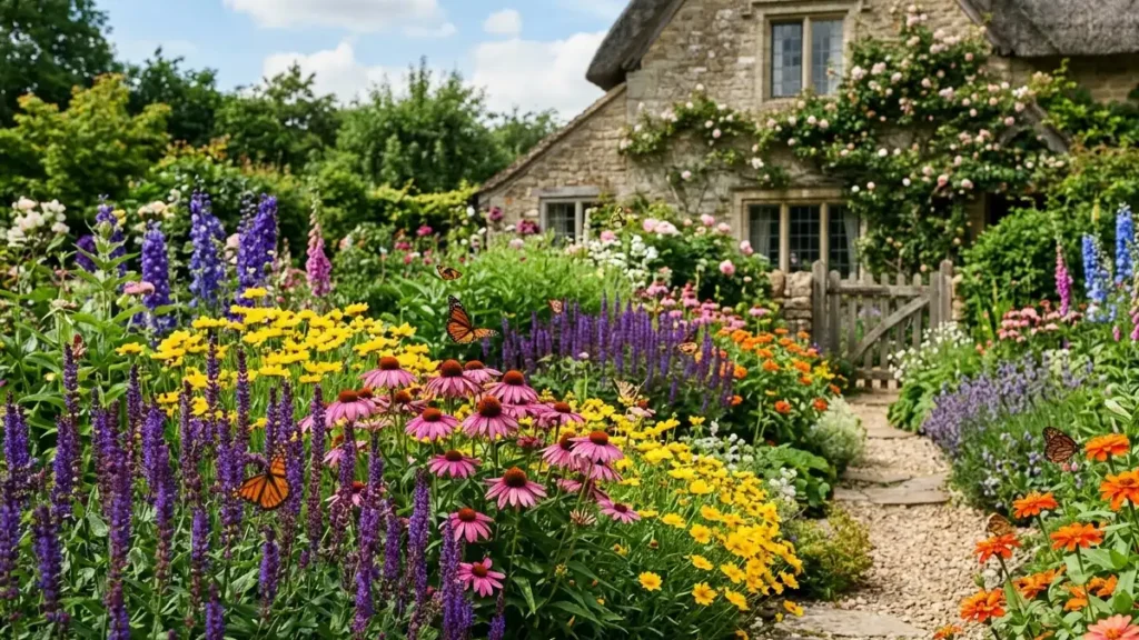Layered butterfly garden with colorful flowering plants attracting butterflies.