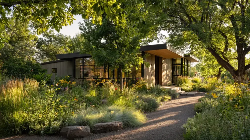 Lush natural garden filled with ornamental grasses, wildflowers and native plants attracting butterflies
