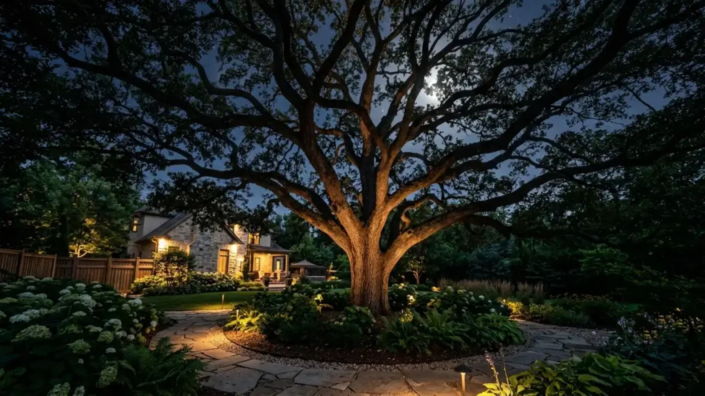 Large mature tree glowing under landscape lighting at night.