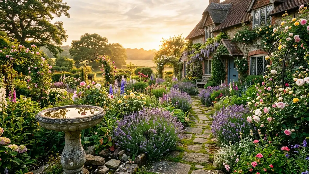 A beautiful cottage garden with a mossy stone pathway, blooming flowers, and a stone birdbath in warm golden hour sunlight.