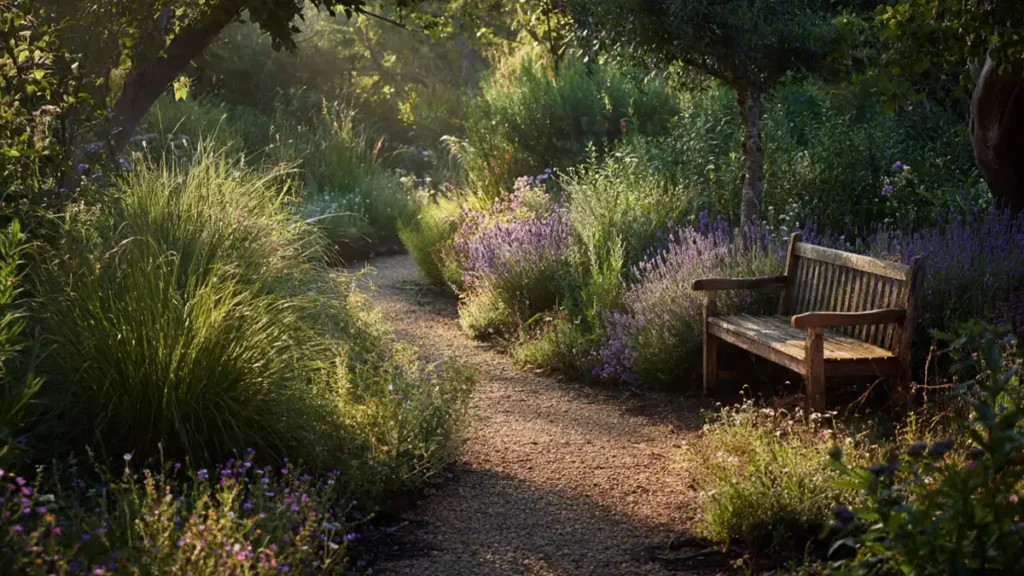 Natural cottage-style garden with winding gravel path, wildflowers, lavender and weathered wooden bench