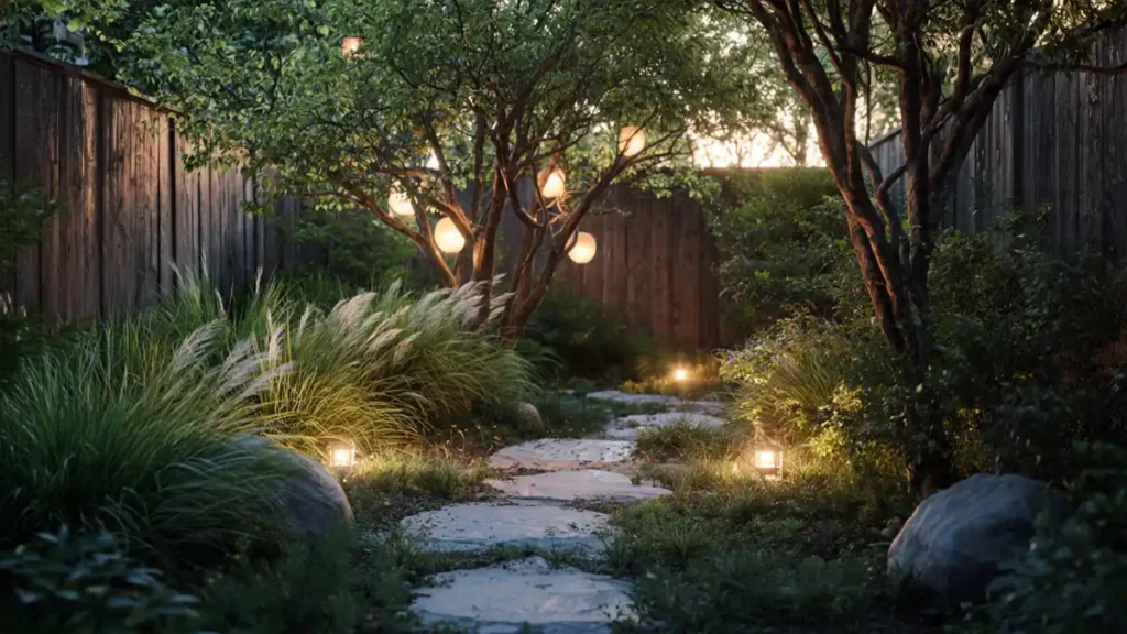 Natural garden at dusk with glowing lanterns, ornamental grasses and winding path fading into shadows
