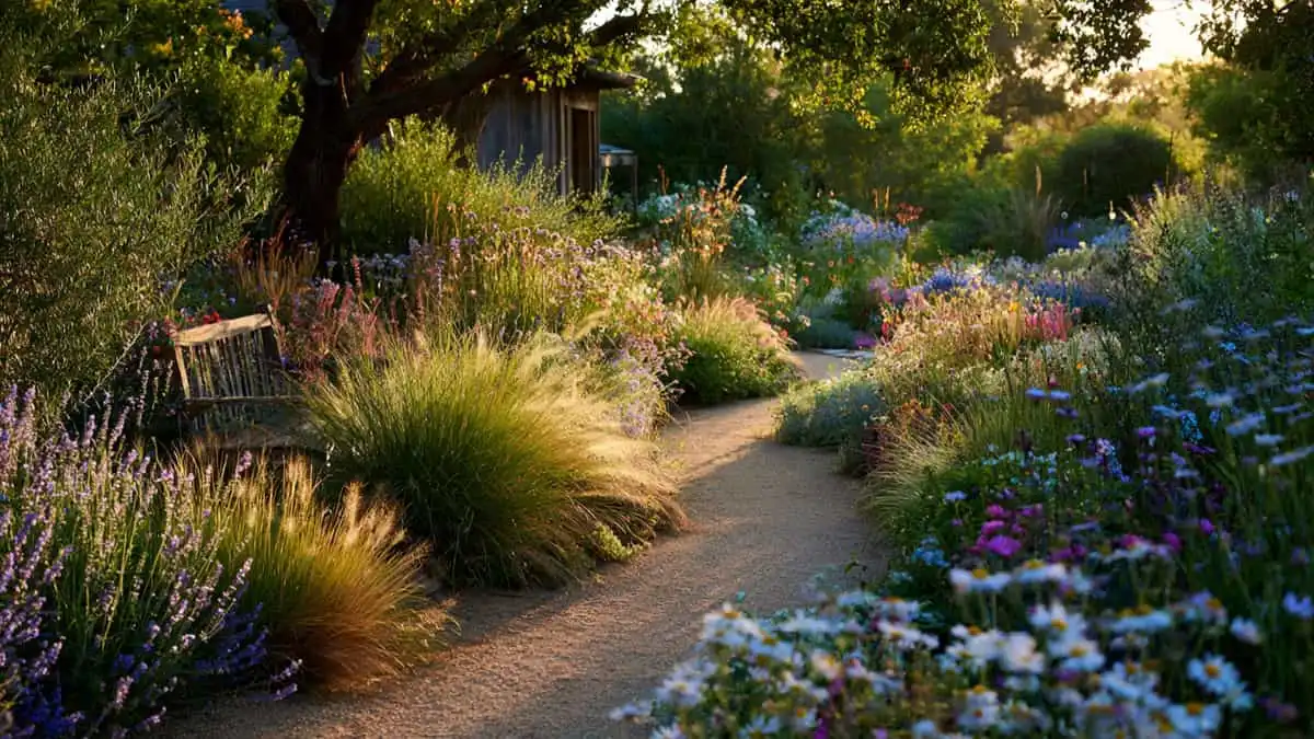 Natural cottage-style garden with winding gravel path, wildflowers, lavender, and a weathered wooden bench.