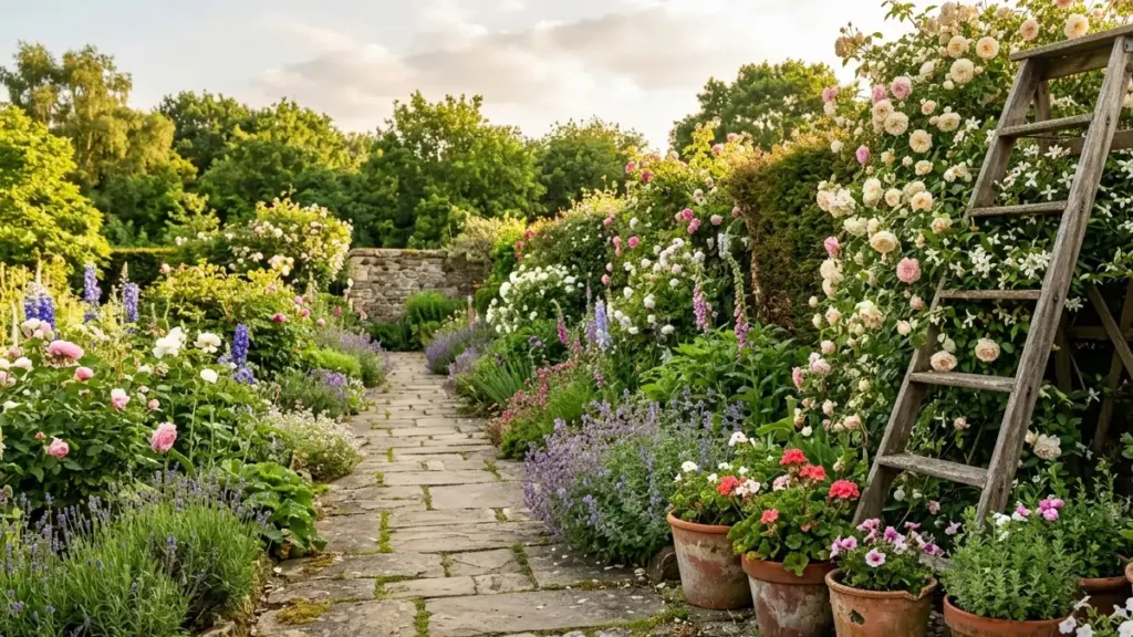 Weathered terracotta pots and a reclaimed wooden ladder with climbing plants along a stone garden path.