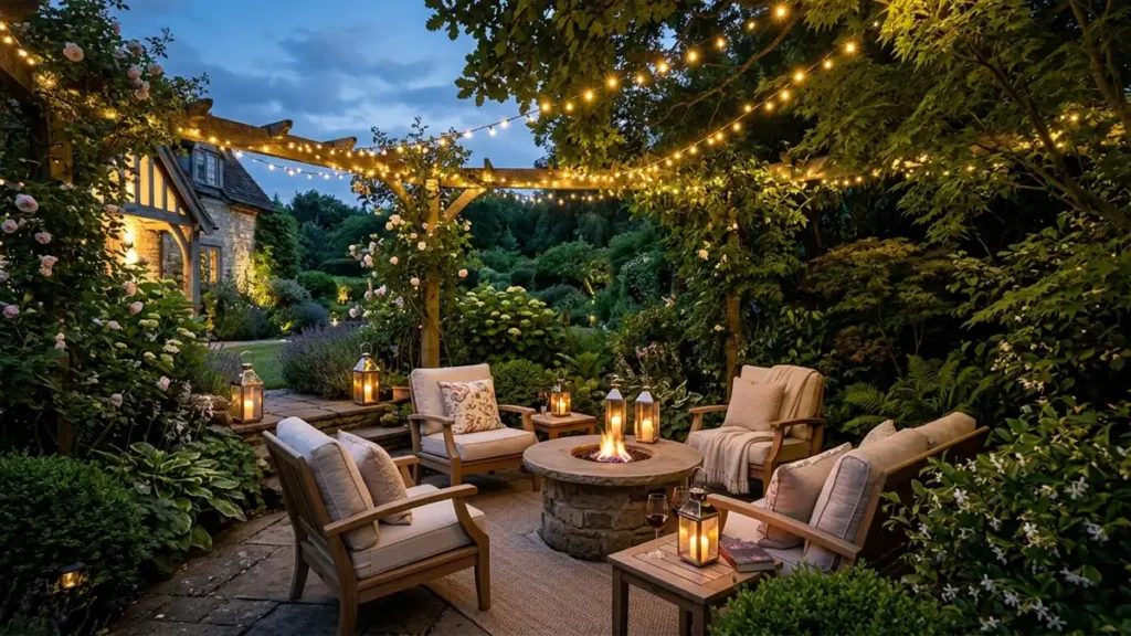 An elegant backyard patio seating area at dusk featuring plush cushioned chairs illuminated by warm fairy lights and lanterns.