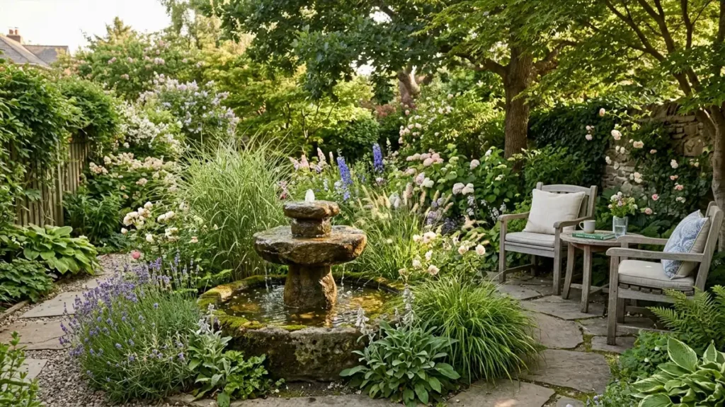 A peaceful and secluded garden retreat featuring a small stone fountain surrounded by ornamental grasses, flowers, and a nearby quiet seating nook. 