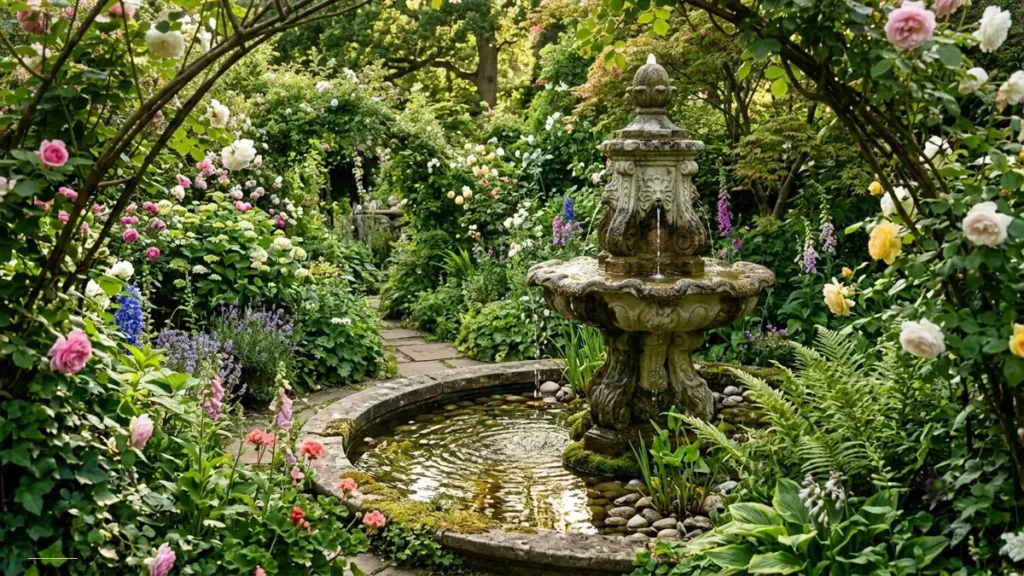 A small stone water fountain surrounded by thick green foliage and flowers in a quiet garden.